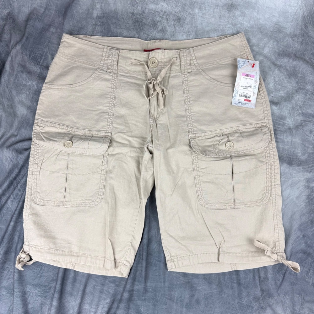 Y2K Unionbay Khaki Cargo Shorts Juniors Size 11 Woven Cotton Drawstring NWT